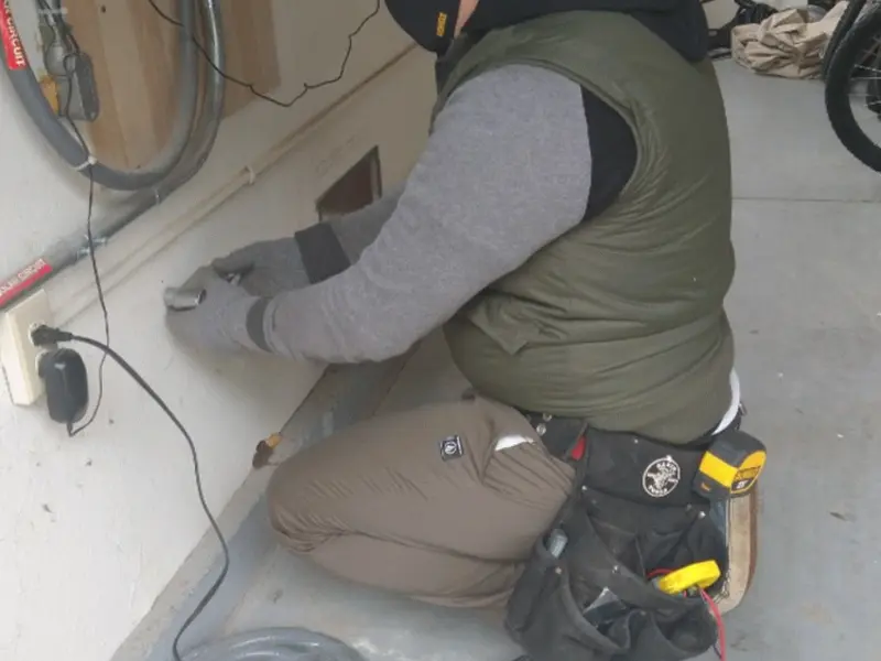Electrician performing outlet wiring in a Loris garage